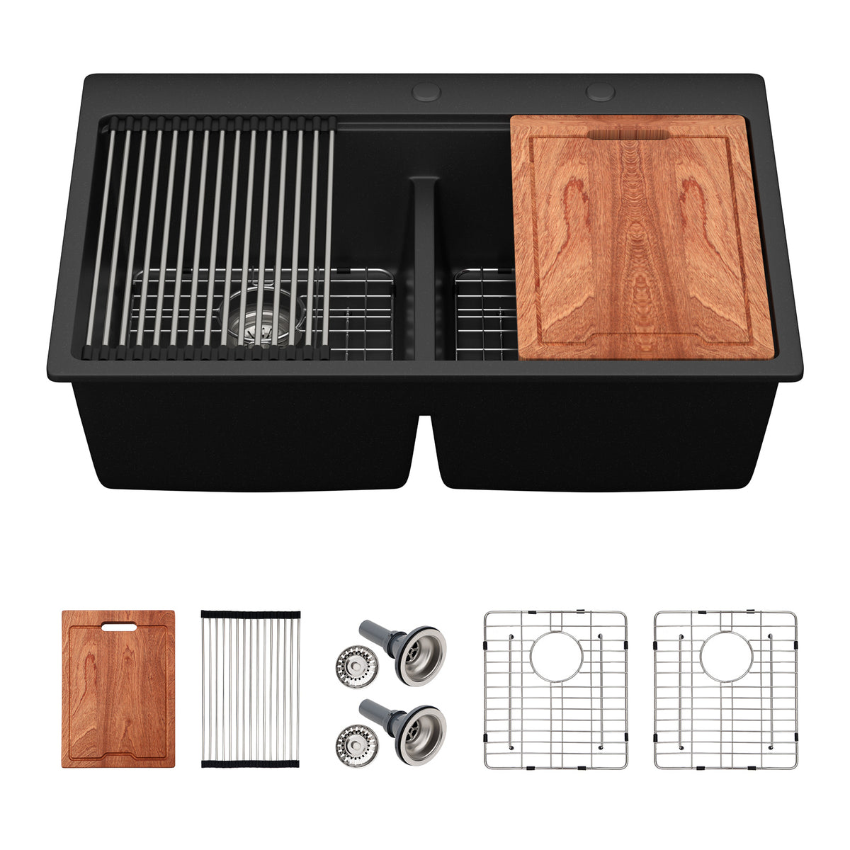 Sarlai 33" Drop-In Black Quartz Composite Workstation Kitchen Sink - 50/50 Double Bowl Low Divide Drop-In Topmount Granite Kitchen Sink with Cutting Board