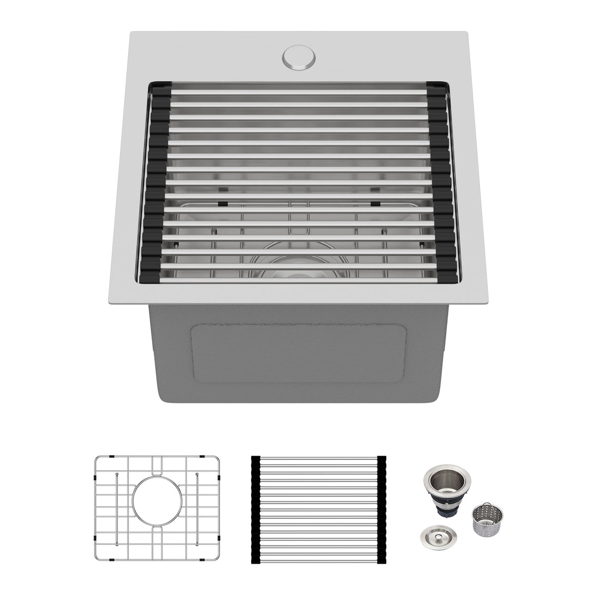 Sarlai 15''x15'' Drop In Workstation Bar Sink 16 Gauge SUS304 Stainless Steel Single Bowl Topmount Prep Sink with Accessories