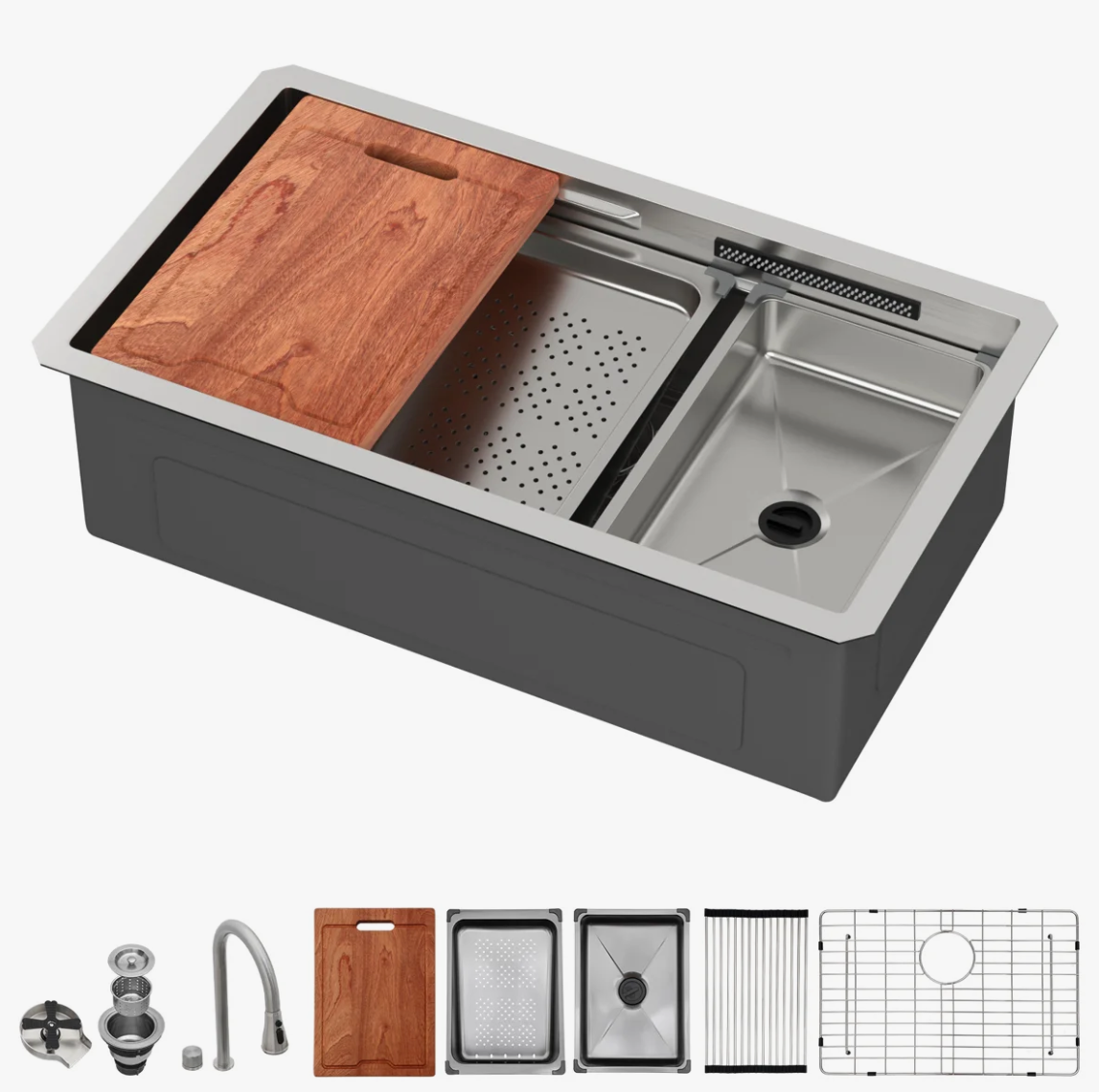 Sarlai 33'' Waterfall Undermount Workstation Sink - 16 Gauge Stainless Steel Single Bowl with Pull-Down Faucet Main image