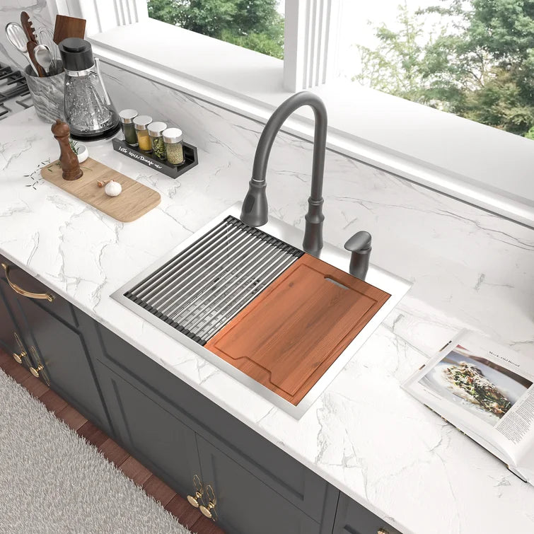 Sarlai 25'' x 22'' Stainless Steel Single Bowl Topmount Kitchen Workstation Sink