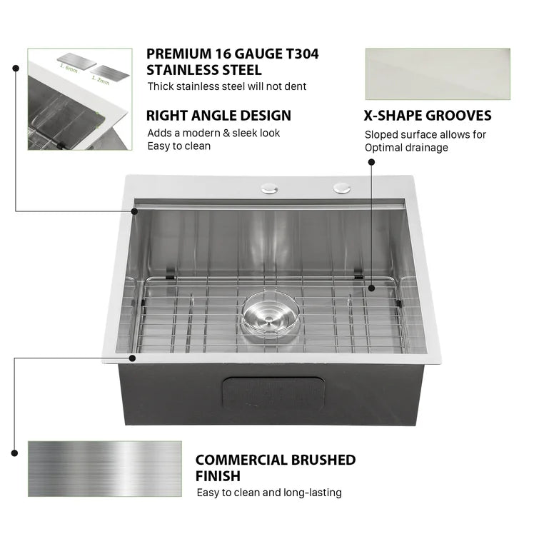 Sarlai 25'' x 22'' Stainless Steel Single Bowl Topmount Kitchen Workstation Sink