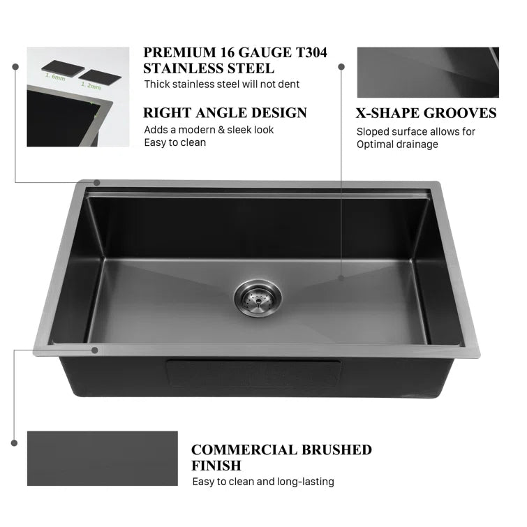 Sarlai 28'' Stainless Steel Undermount Gunmetal Black Kitchen Sink