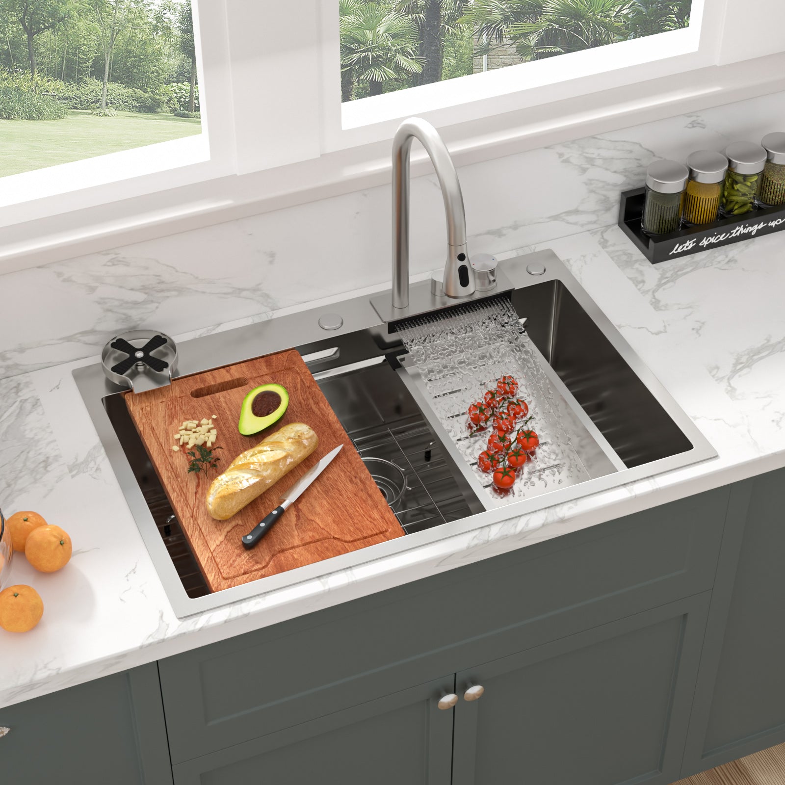 Sarlai 33'' x 22'' Stainless Steel Drop In Single Bowl Waterfall Workstation Kitchen Sink