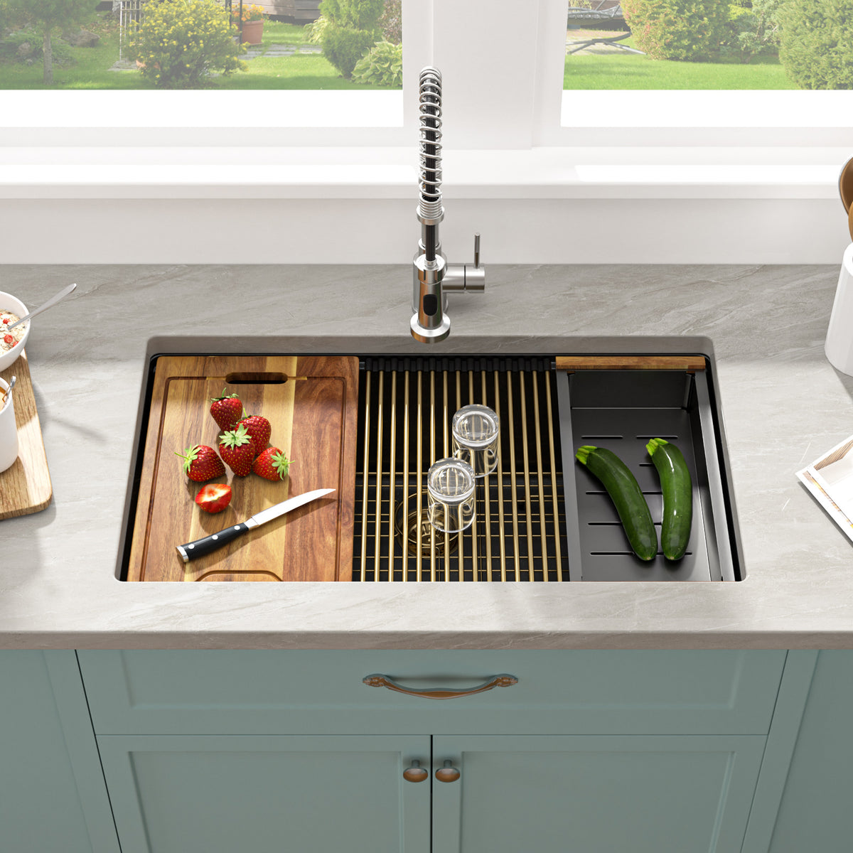Sarlai 30in Black Quartz Composite Undermount Workstation Kitchen Sink