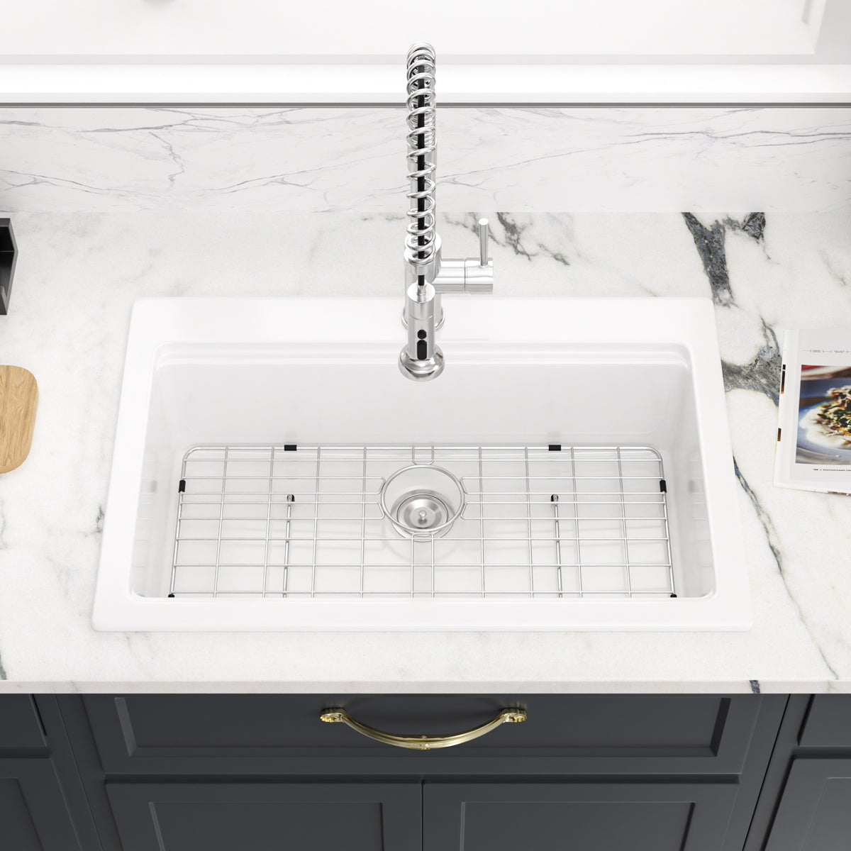 Sarlai 33'' White Ceramic Topmount Workstation Sink Brushed Accessories & Acacia Wood Cutting Board