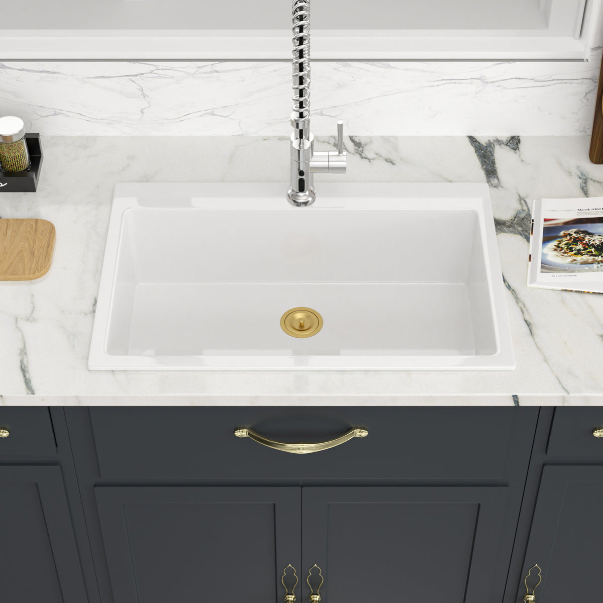 Sarlai 33''x22''White Ceramic Topmount Single Bowl Kitchen Sink with Gold Accessories