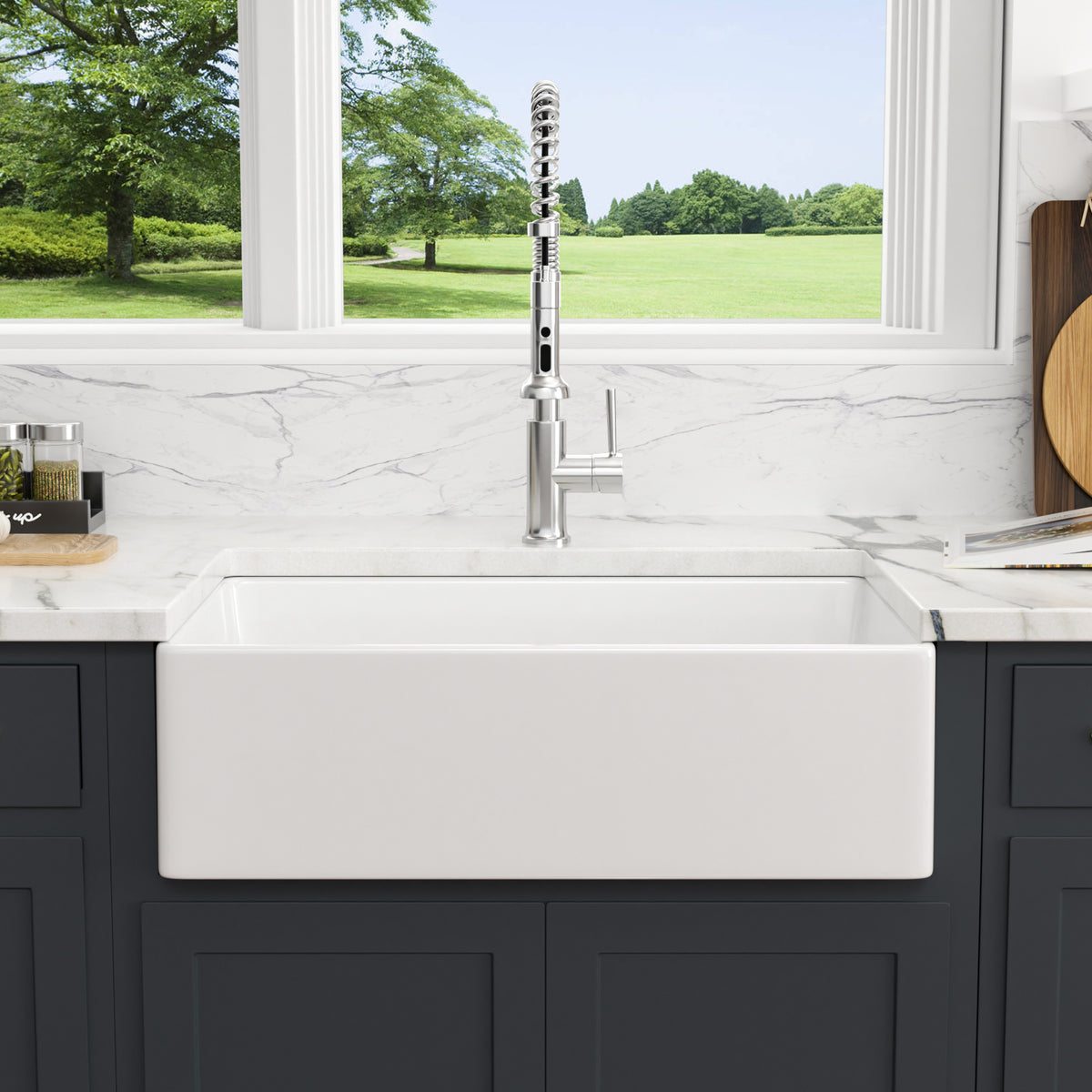 Sarlai 36''x20'' Reversible Apron Front White Fireclay Farmhouse Sink, Single Bowl Vitreous Porcelain Farm Kitchen Basin
