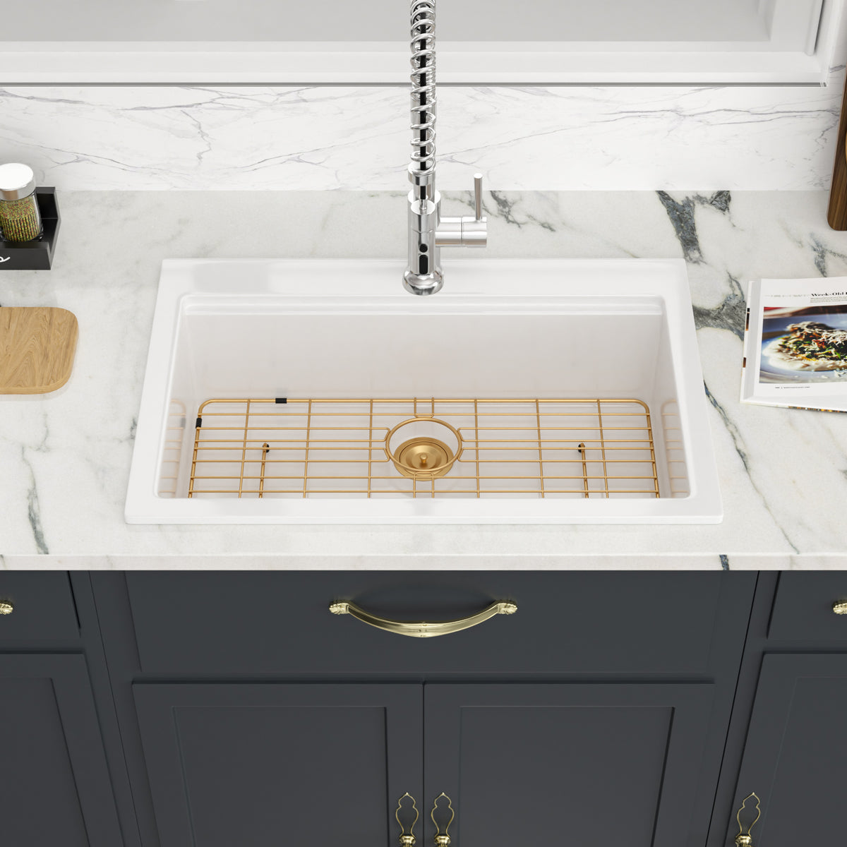Sarlai 33''x22'' White Ceramic Topmount Workstation Sink With Gold Accessories & Wood Cutting Board