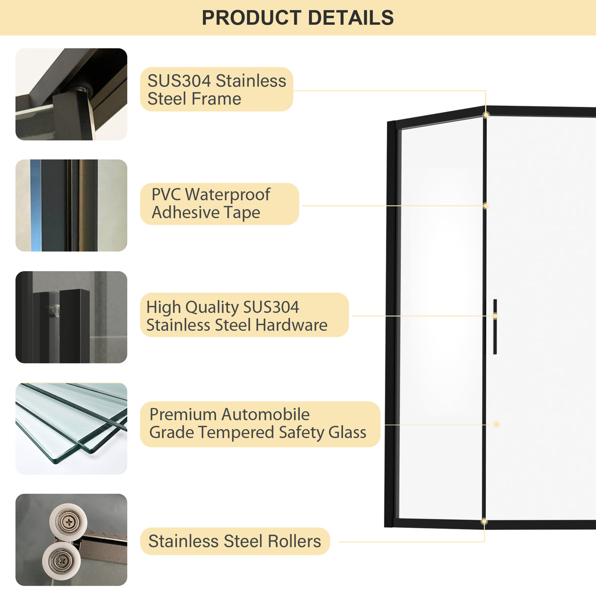 Sarlai 42''x 76''Corner Sliding Shower Enclosure Matte Black Framed Tempered Glass Shower Door