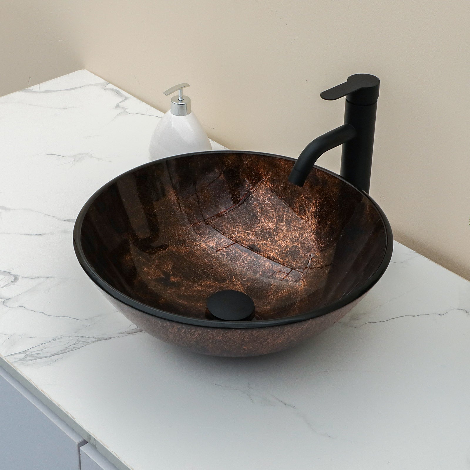 Sarlai 16.5''x16.5'' Round Brown Tempered Glass Vessel Sink Combo Black Faucet & Pop Up Drain Secondary image