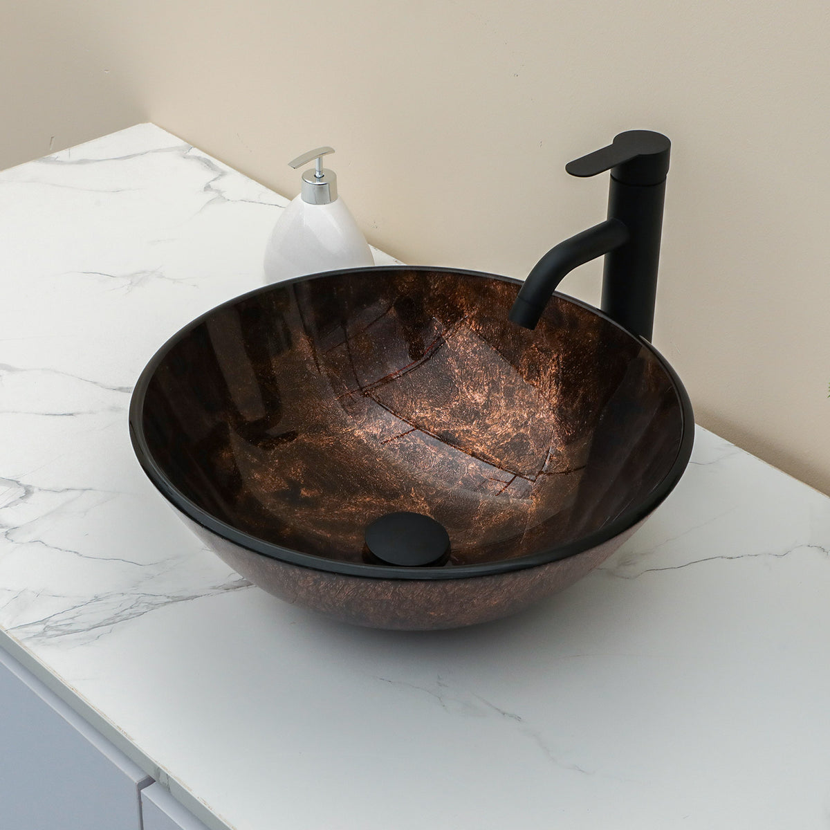 Sarlai 16.5''x16.5'' Round Brown Tempered Glass Vessel Sink Combo Black Faucet & Pop Up Drain
