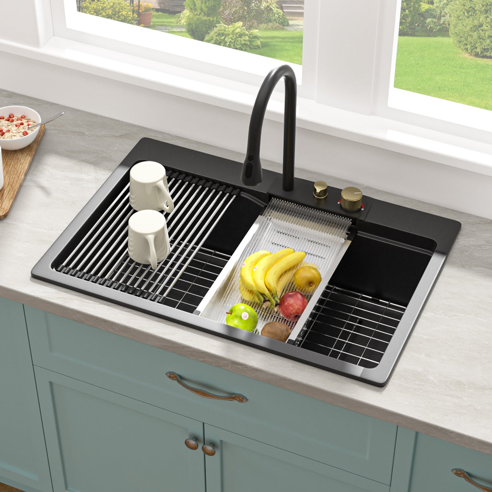 Sarlai 33'' x 22'' Black Quartz Drop-in Waterfall Single Bowl Workstation Kitchen Sink Main image