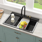 Sarlai 33'' x 22'' Black Quartz Drop-in Waterfall Single Bowl Workstation Kitchen Sink