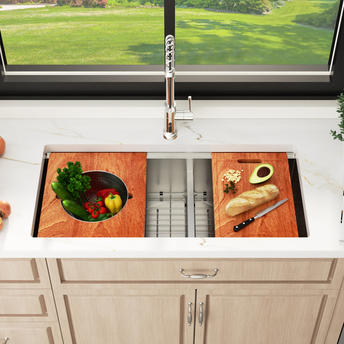 Sarlai 39'' Low Divider Undermount Kitchen Sink - 16G Stainless Steel 60/40 Double Basin Workstation with Salad Prep Bowls