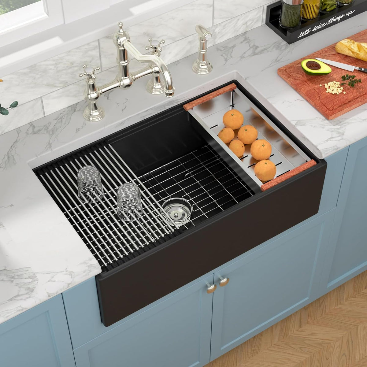 Sarlai 33''x20'' Black Reversible Apron Fireclay Workstation Farmhouse Sink
