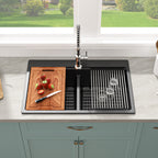 Sarlai 33" Drop-In Black Quartz Composite Workstation Kitchen Sink - 50/50 Double Bowl Low Divide Drop-In Topmount Granite Kitchen Sink with Cutting Board
