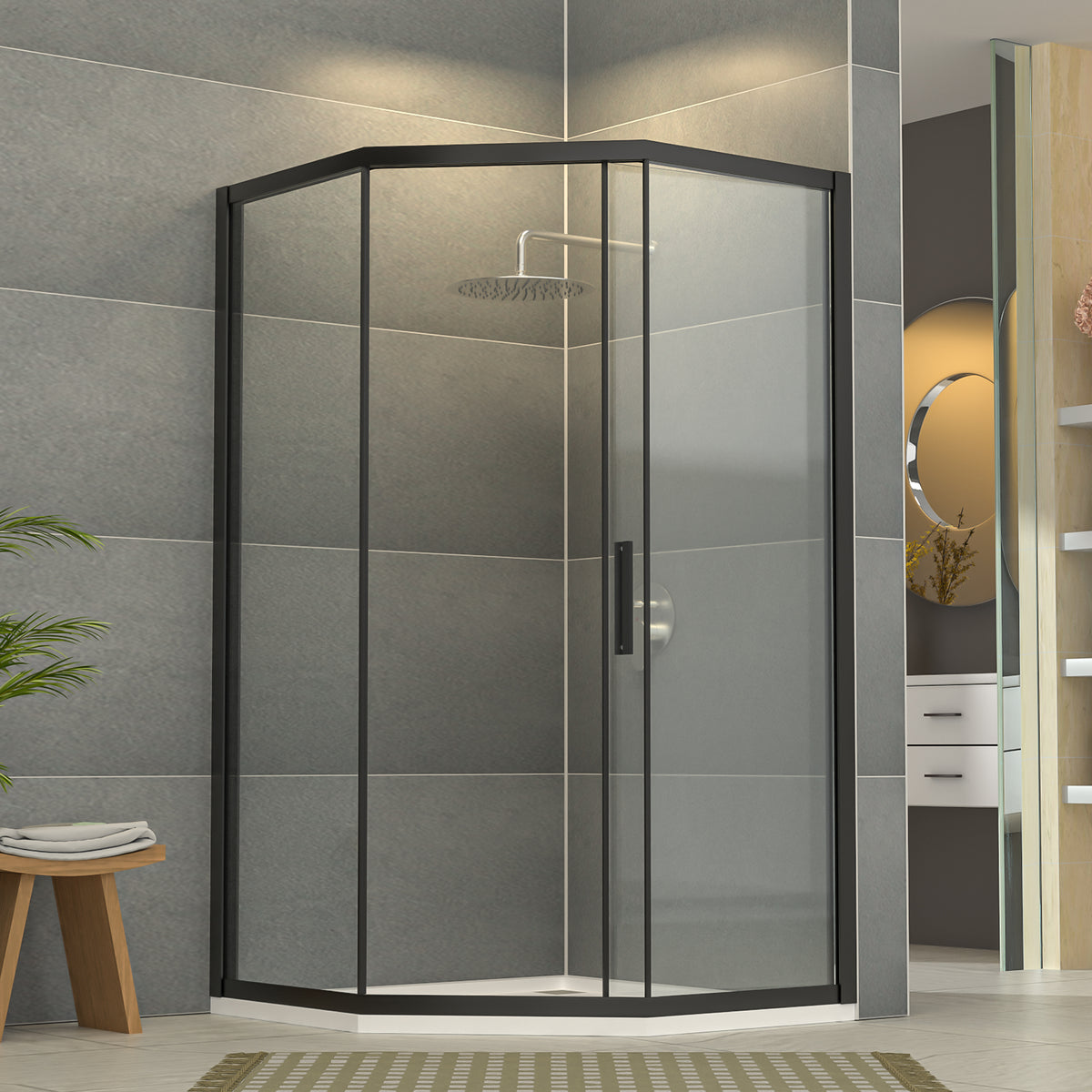 Sarlai 42''x 76''Corner Sliding Shower Enclosure Matte Black Framed Tempered Glass Shower Door
