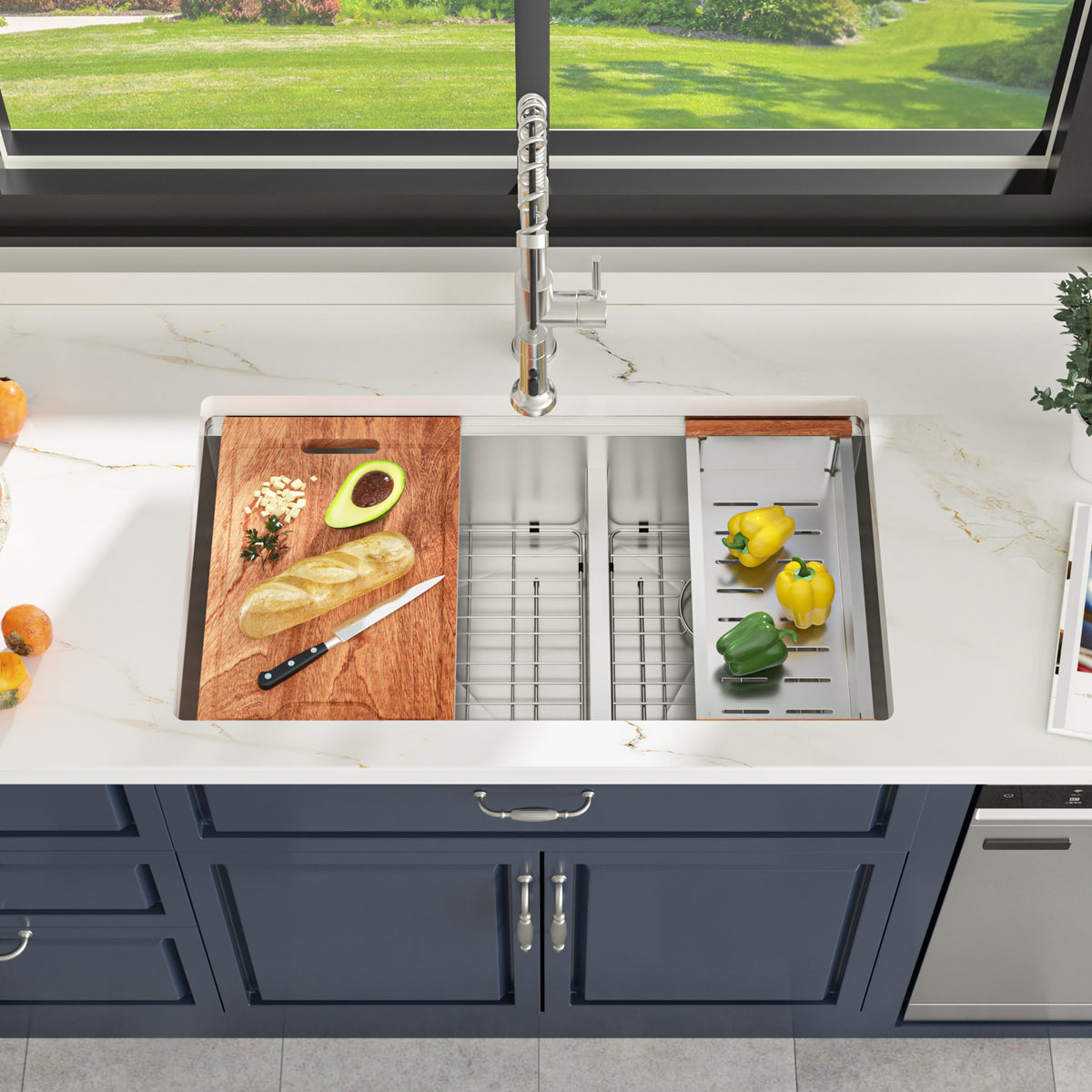 Sarlai 33'' Undermount Kitchen Sink - 60/40 Double Bowl Workstation with Low Divide