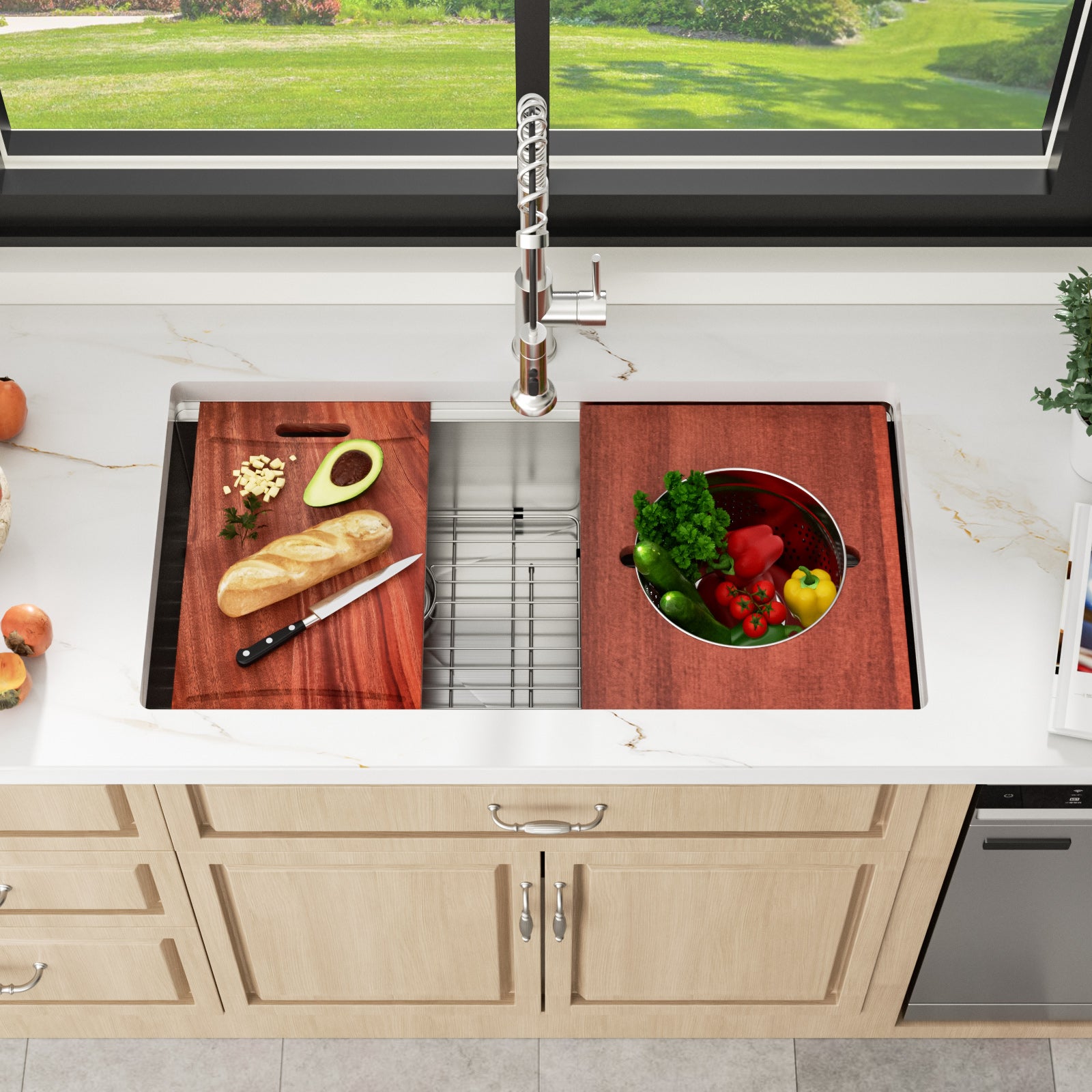 Sarlai 36in Undermount Workstation Sink - 16 Gauge 60/40 Double Bowl with Salad Prep Bowls
