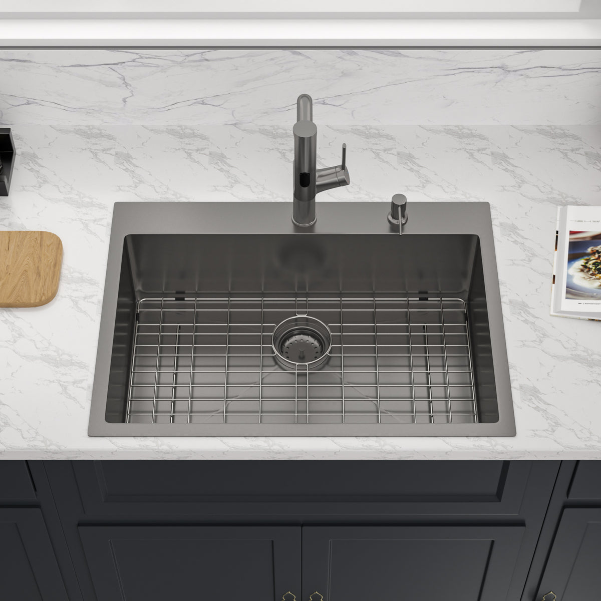 Sarlai 30''x22''Drop In Workstation Kitchen Sink 16 Gauge SUS304 Stainless Steel Single Bowl Topmount Sink with Pull Out Faucet & Soap Dispenser