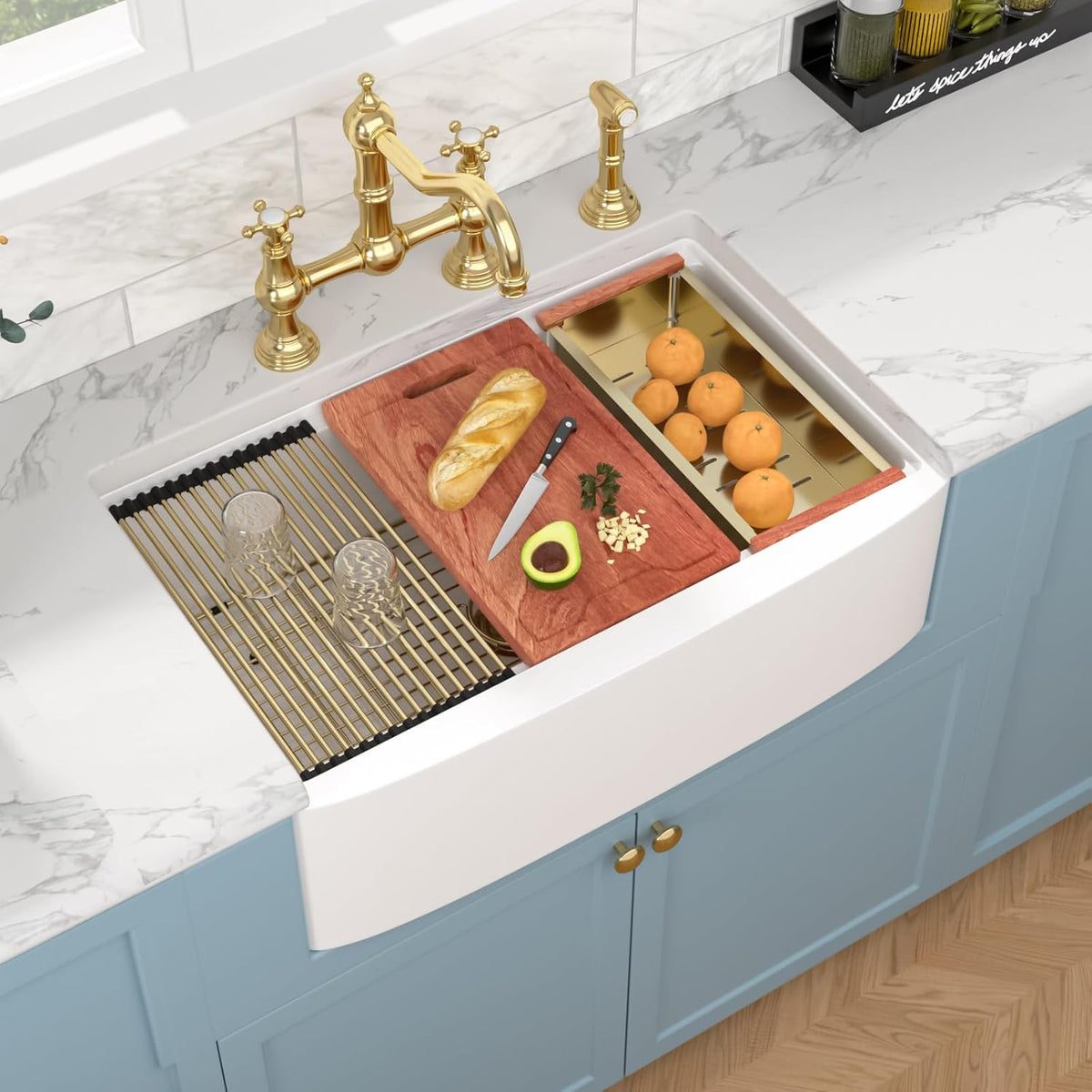 Sarlai 33 Inch White Curved Apron Fireclay Workstation Farmhouse Kitchen Sink with Gold Fixtures