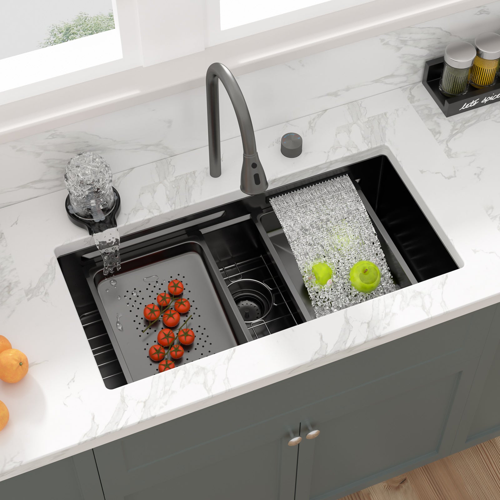 Sarlai 33‘’ Gunmetal Black Waterfall Workstation Sink - 16 Gauge Undermount Single Bowl with Pull-Down Faucet Secondary image