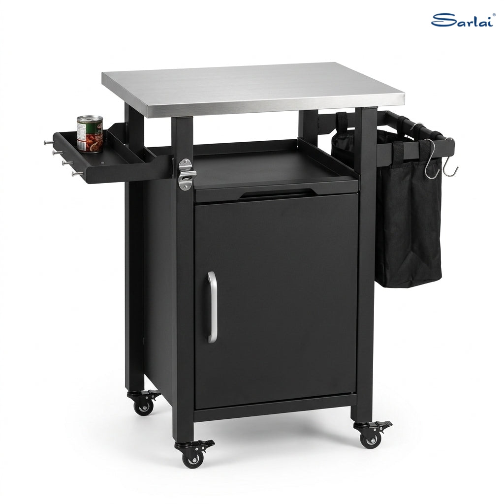 Sarlai Outdoor Prep Cart with Stainless Steel Top & Sliding Tray, Compact Single Door Grill Cart with Side Racks & Waterproof Cover