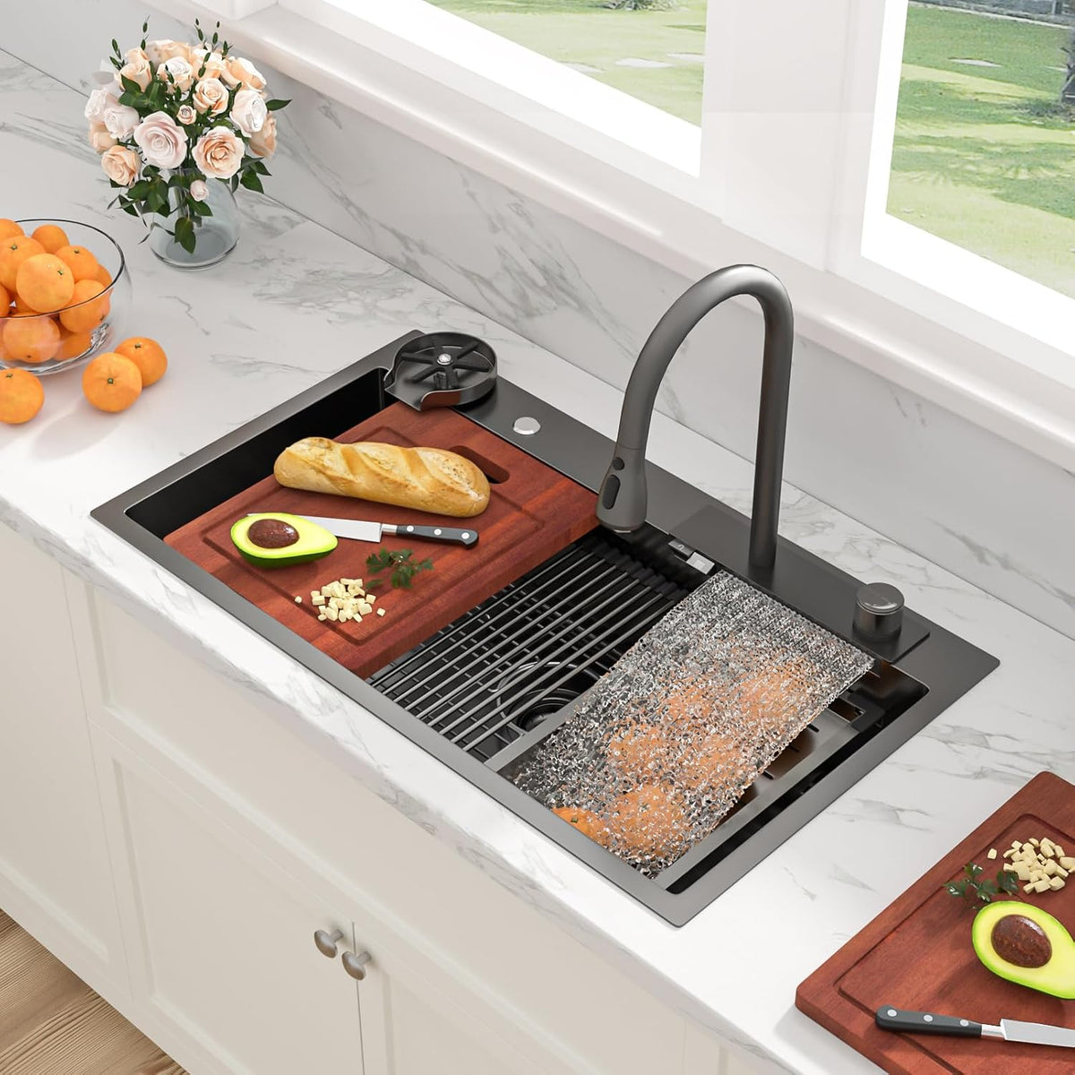 Sarlai 33 Inch Gunmetal Black Waterfall Workstation Drop In Kitchen Sink with Faucet & Glass Rinser