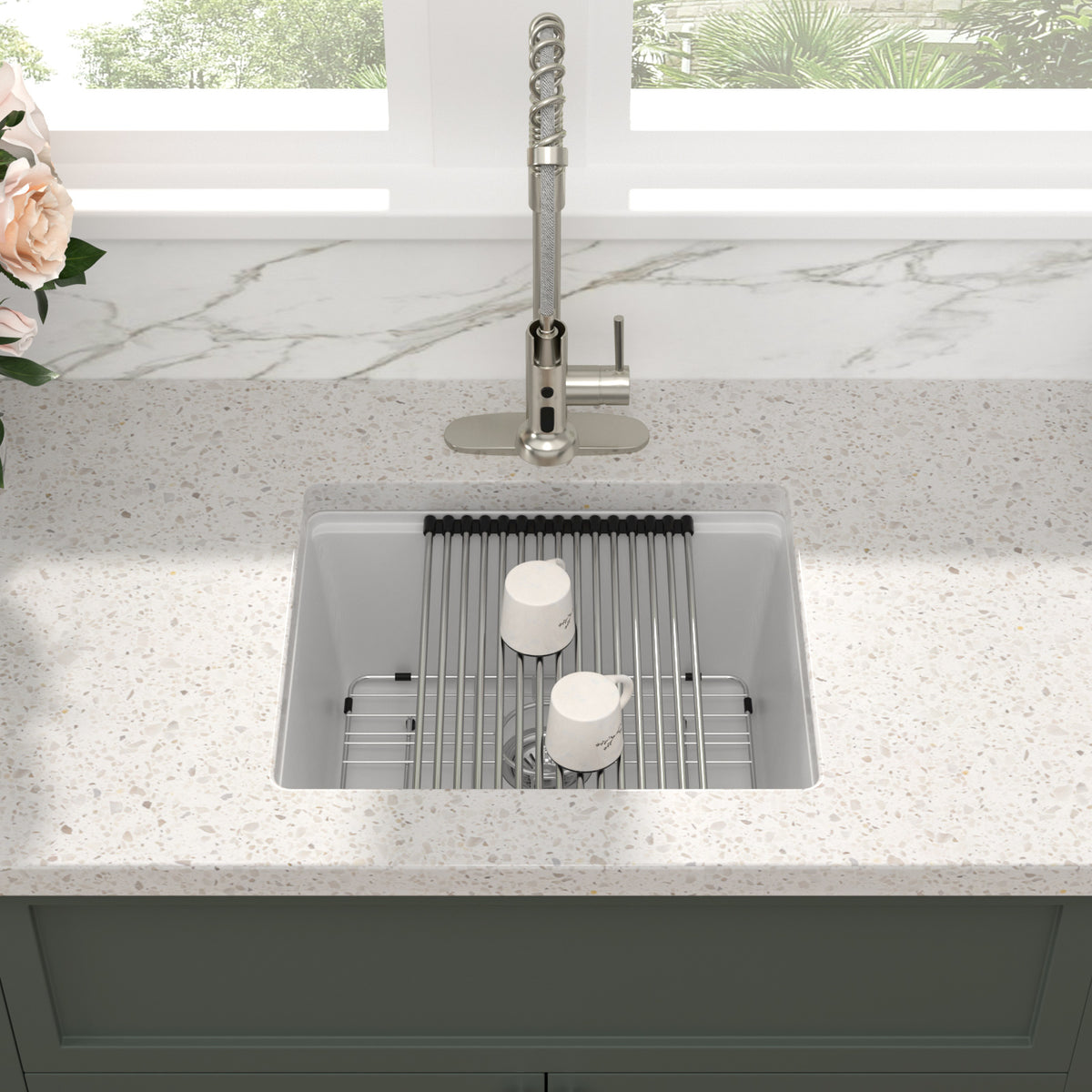Sarlai 21'' White Quartz Composite Undermount Workstation Kitchen Sink Small Bar Prep