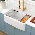 Sarlai 33''x21'' Inch White Curved Apron Fireclay Workstation Farmhouse Kitchen Sink Single Bowl