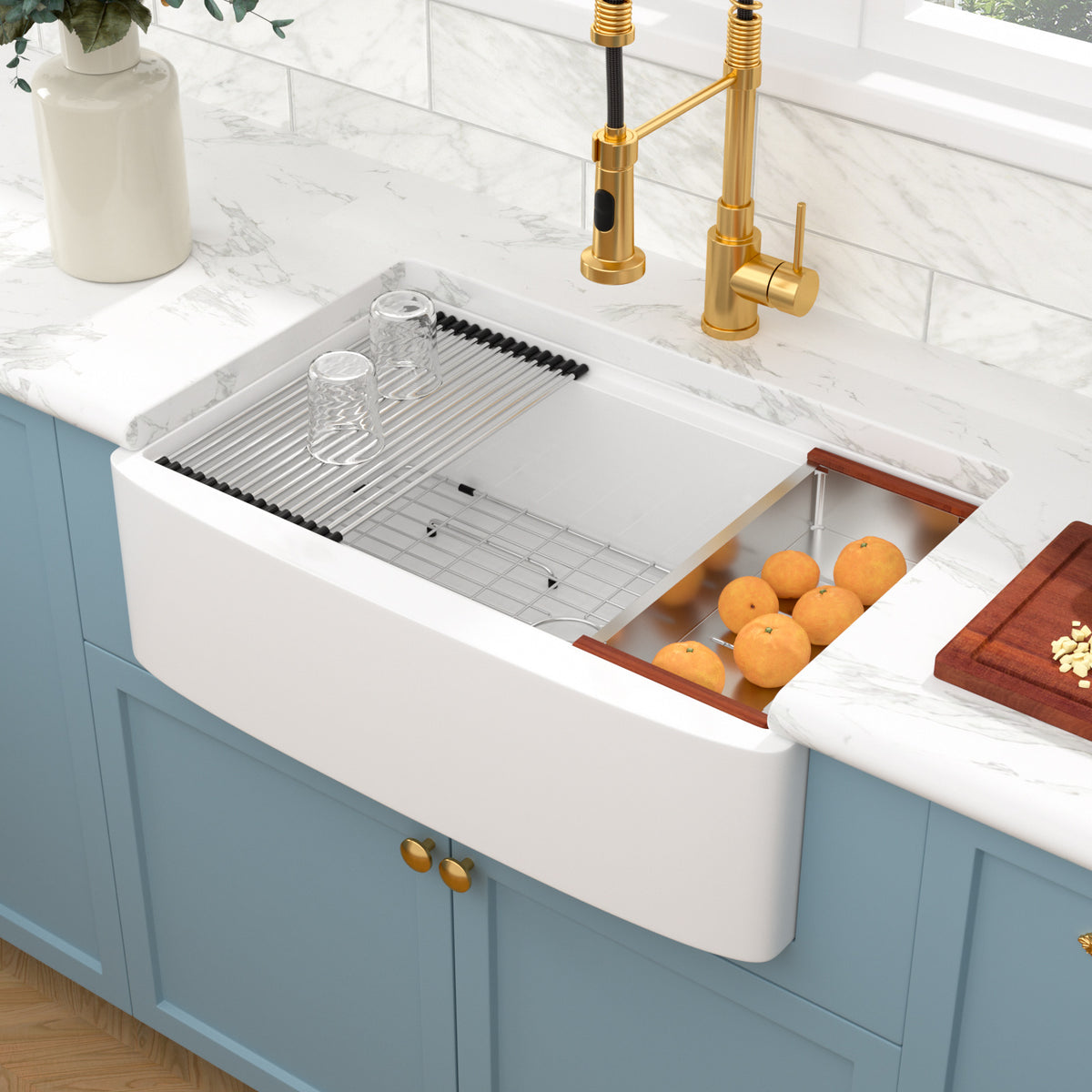 Sarlai 33''x20'' Inch White Curved Apron Fireclay Workstation Farmhouse Kitchen Sink Single Bowl