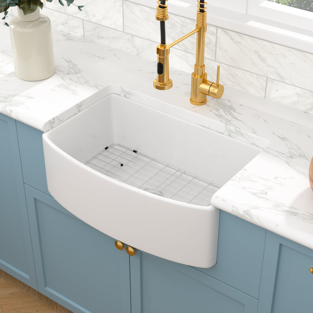 Sarlai 30''x19'' White Curved Apron Front Fireclay Farmhouse Kitchen Sink Single Bowl Porcelain Ceramic Farm Kitchen Basin