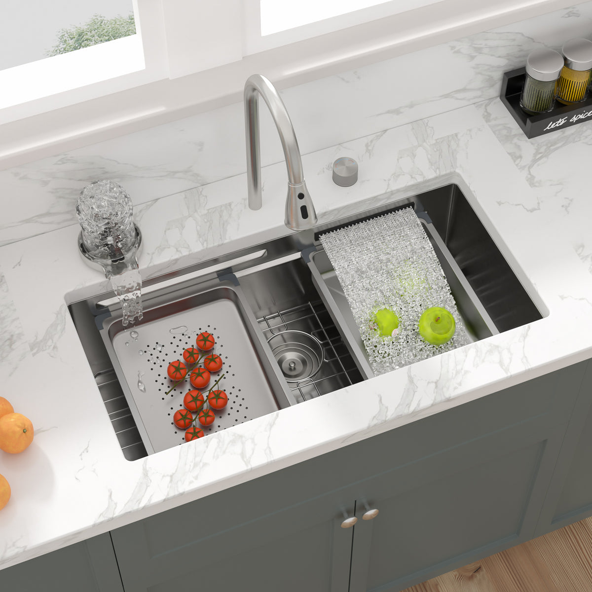 Sarlai 33'' Waterfall Undermount Workstation Sink - 16 Gauge Stainless Steel Single Bowl with Pull-Down Faucet