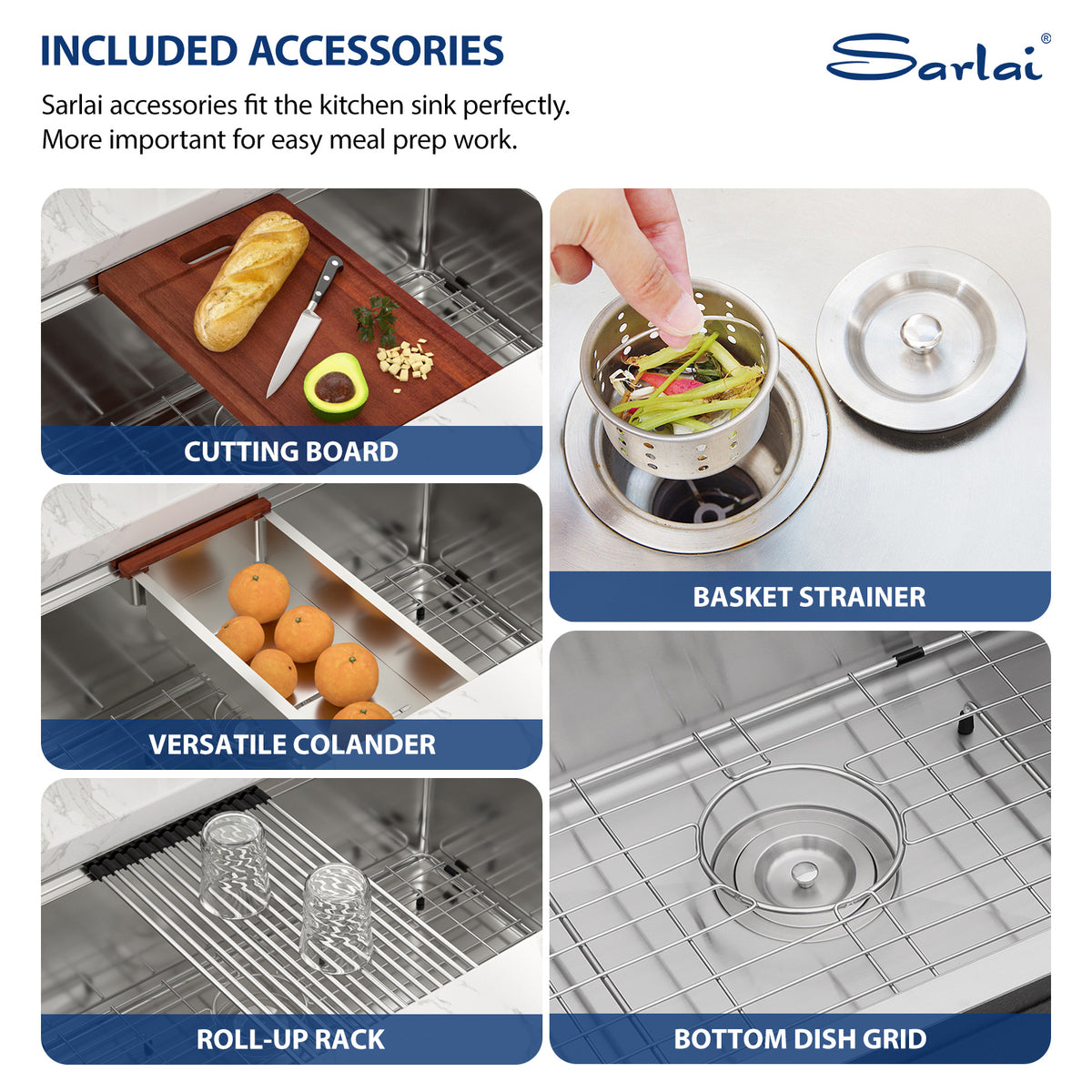 Sarlai 33 Inch Undermount Workstation Kitchen Sink 16 Gauge T304 Stainless Steel Single Bowl Sink