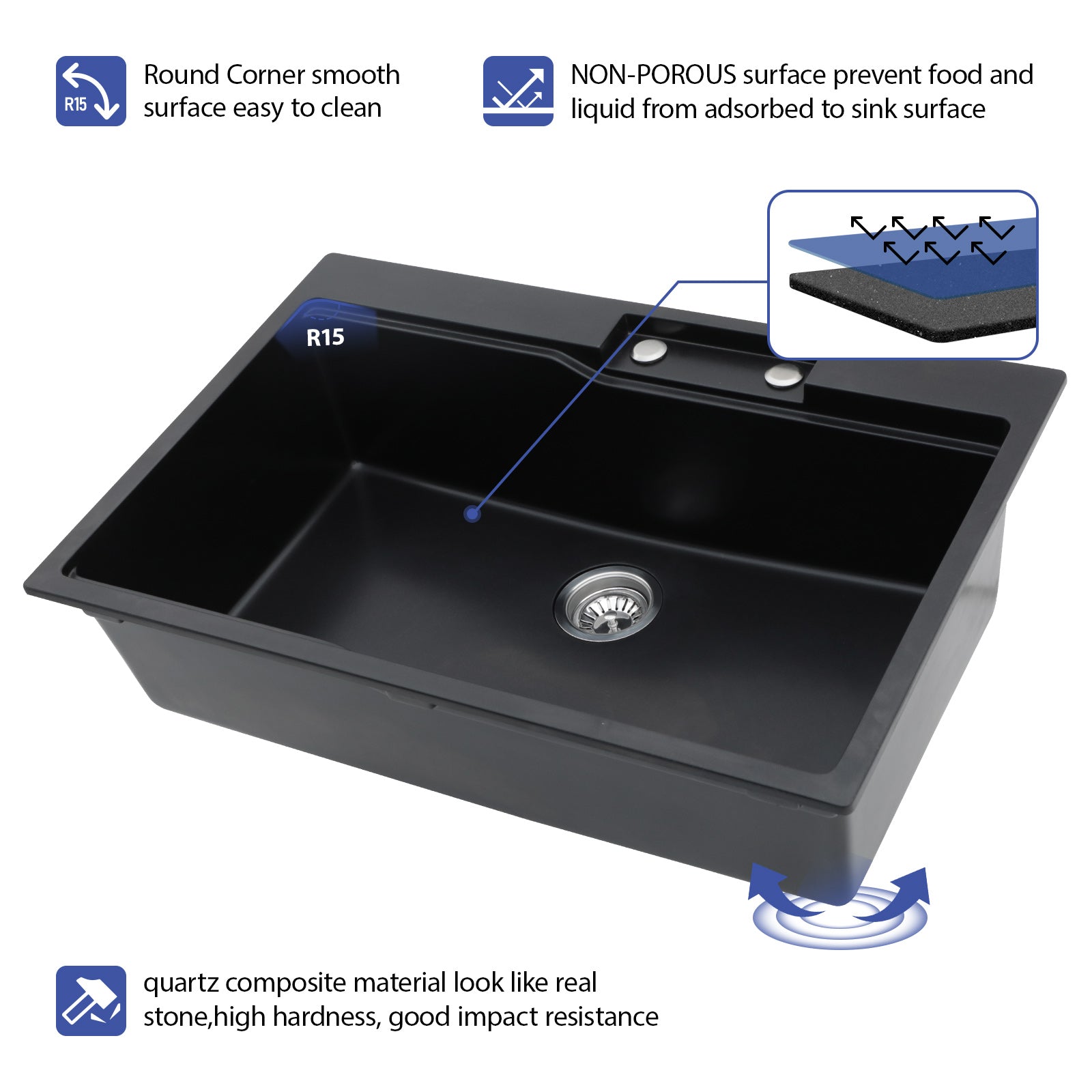 Sarlai 33'' x 22'' Black Quartz Drop-in Waterfall Single Bowl Workstation Kitchen Sink