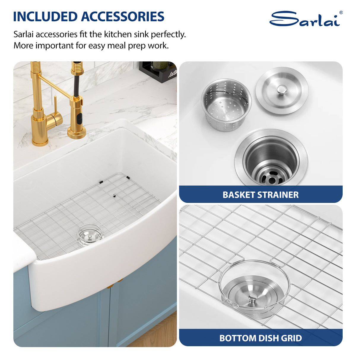 Sarlai 30''x19'' White Curved Apron Front Fireclay Farmhouse Kitchen Sink Single Bowl Porcelain Ceramic Farm Kitchen Basin