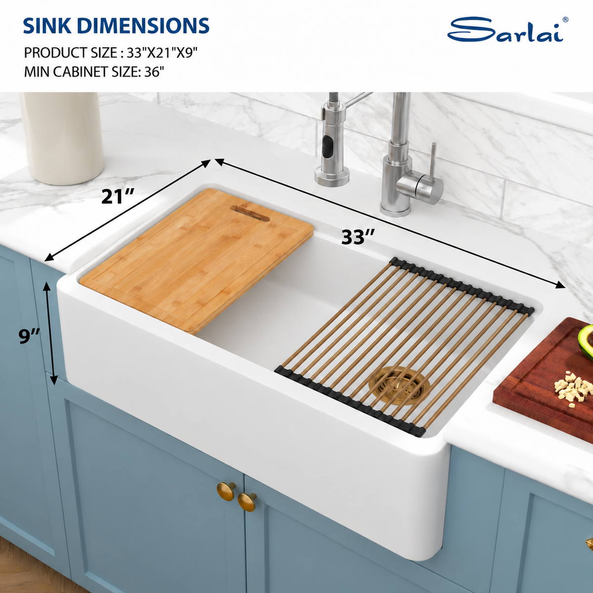 Sarlai 33" Quartz Composite Apron Front Workstation Kitchen Sink, Single Bowl Farmhouse Sink with Gold Drain, Roll-Up Rack & Cutting Board