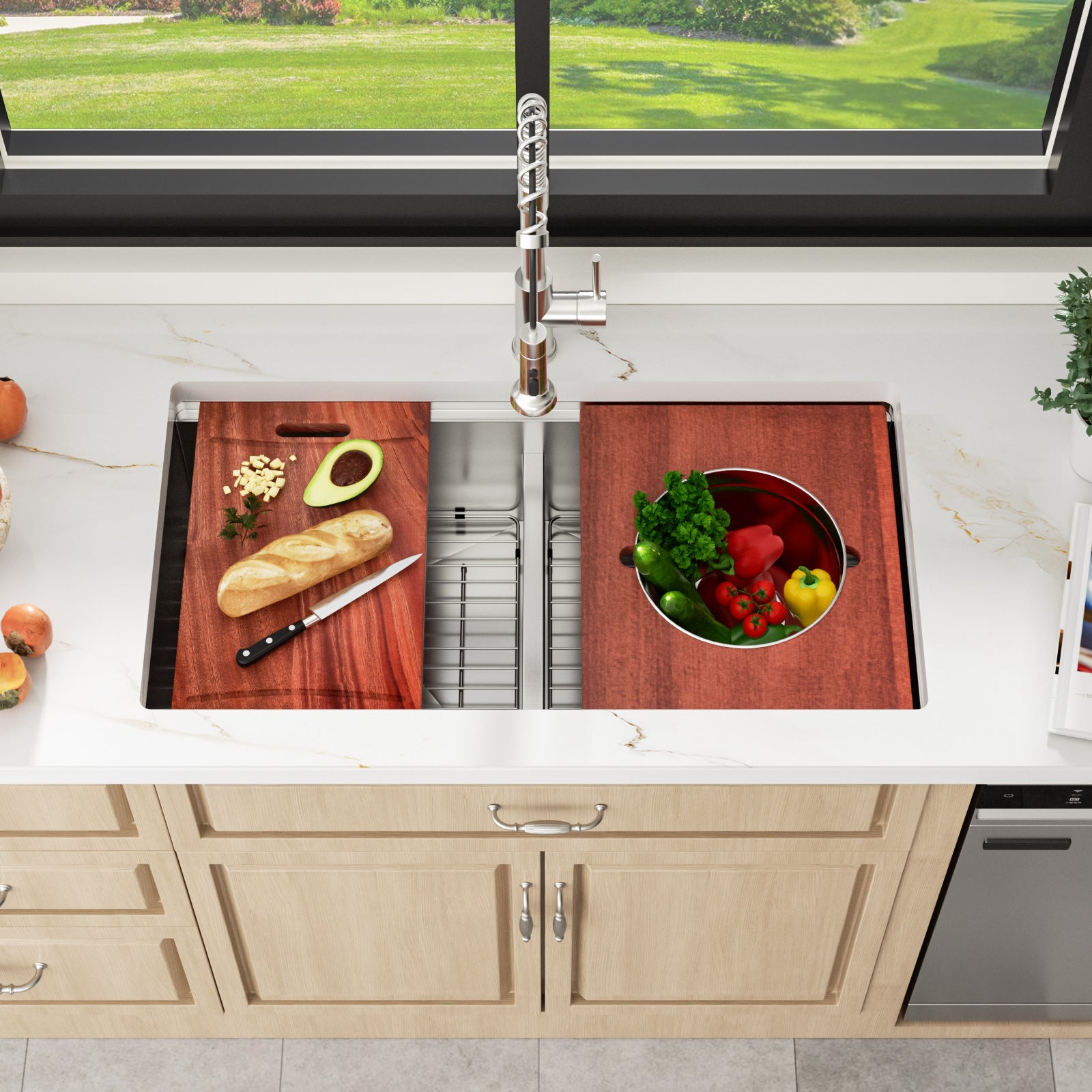 Sarlai 36" Undermount Workstation Kitchen Sink - 16 Gauge Stainless Steel 50/50 Double Bowl with Low Divider