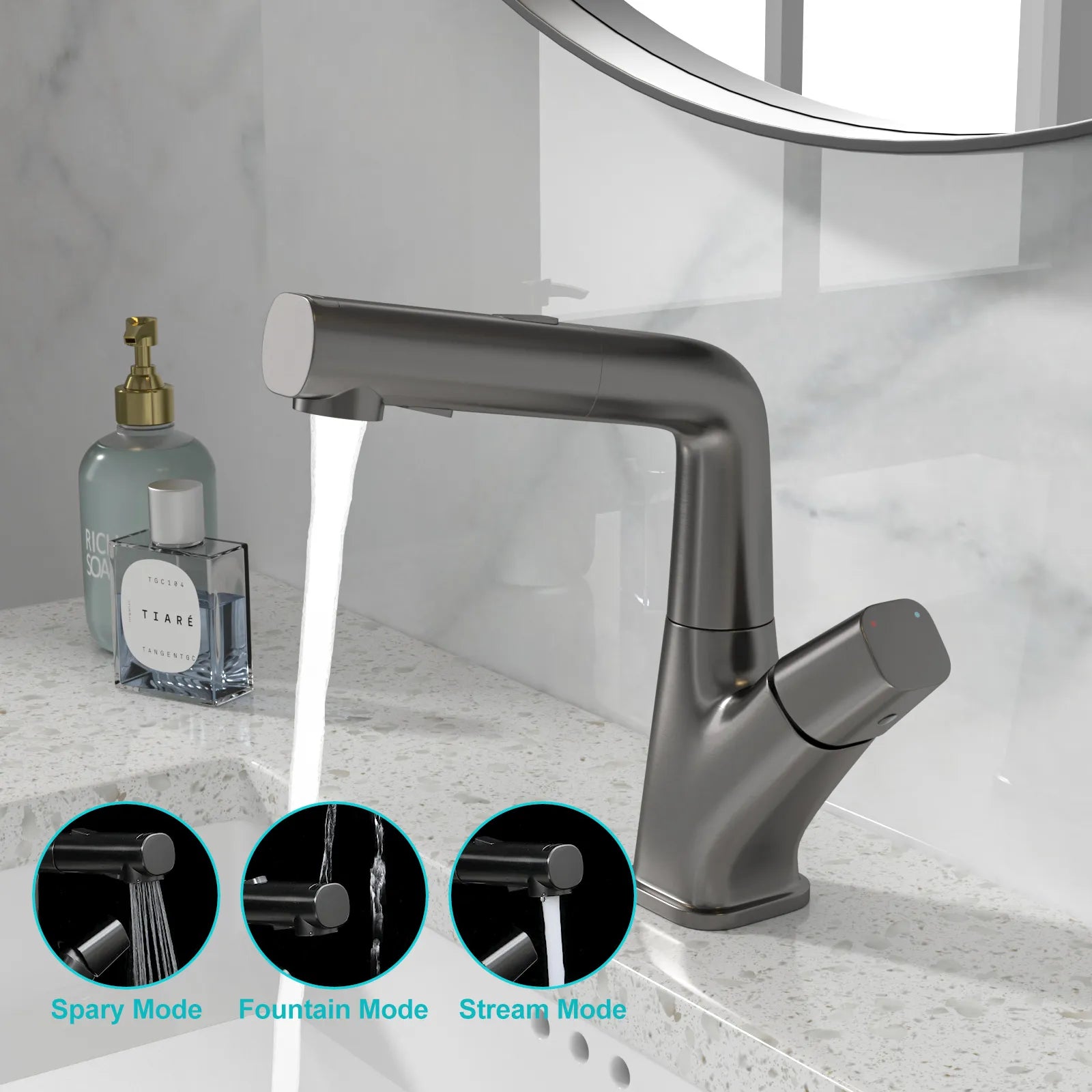 Sarlai 3 Modes 360° Rotating Pull Down Sprayer Stainless Steel Bathroom Faucet