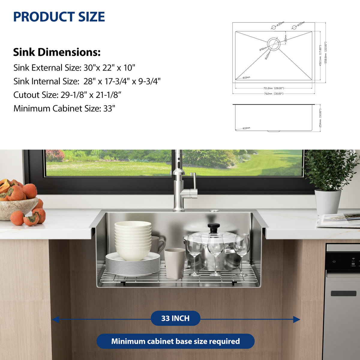 Sarlai 30''x22''Drop In Workstation Kitchen Sink 16 Gauge SUS304 Stainless Steel Single Bowl Topmount Sink with Accessories