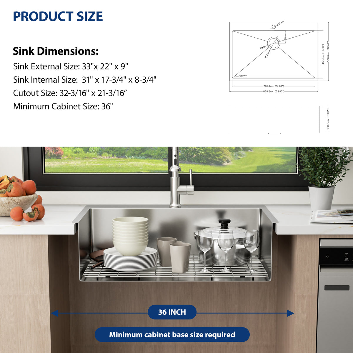 Sarlai 33''x22'' Drop In Kitchen Sink Single Bowl 16 Gauge SUS304 Stainless Steel Topmount Kitchen Sink