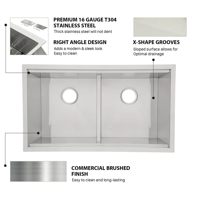 Sarlai 33'' x 19'' Stainless Steel Double Bowl Low Divide Undermount Workstation Kitchen Sink
