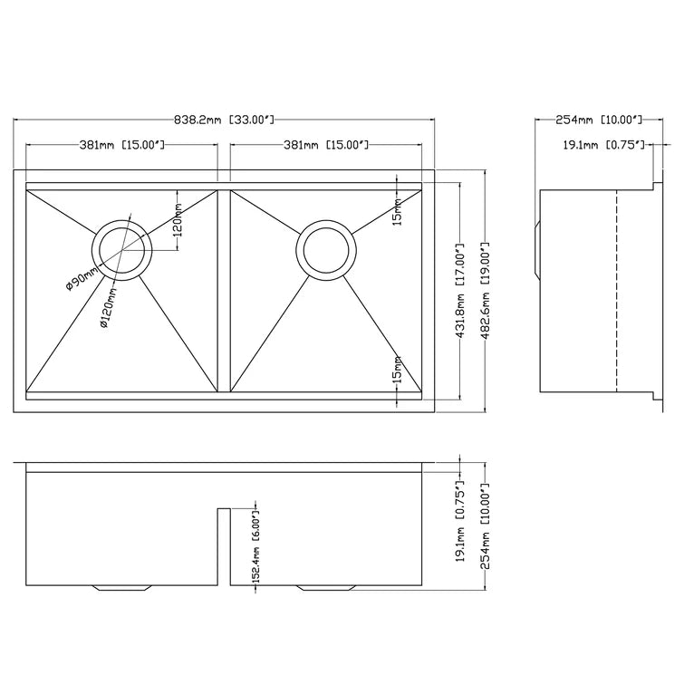 Sarlai 33'' x 19'' Stainless Steel Double Bowl Low Divide Undermount Workstation Kitchen Sink