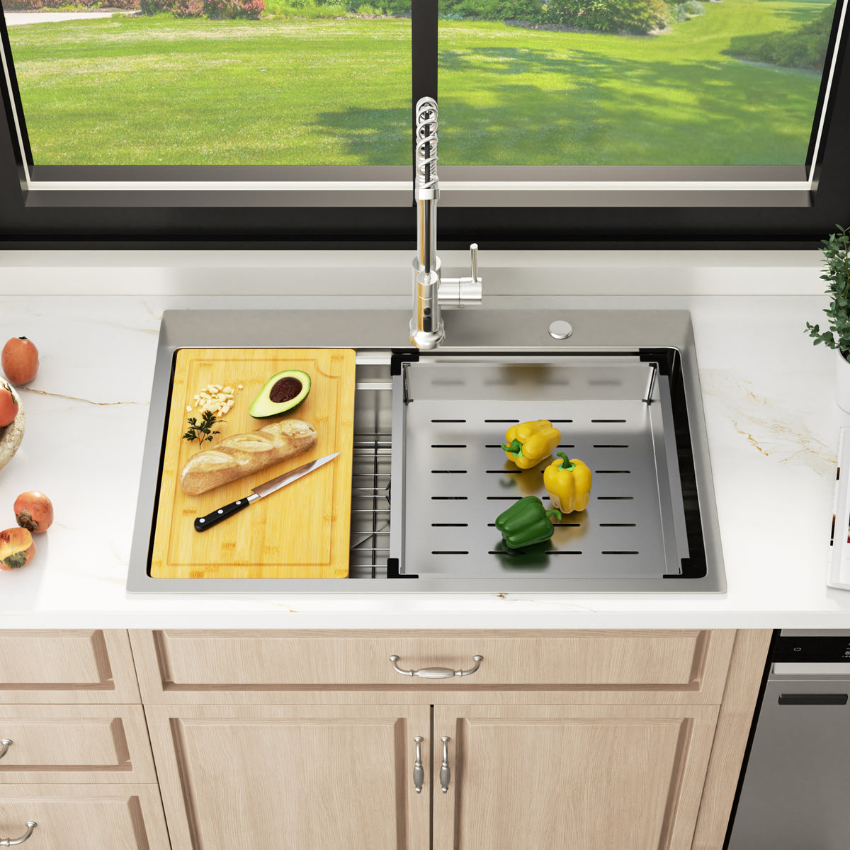 Sarlai Patent Dual Tier Workstation Sink 33 Inch, T304 16 Gauge Stainless Steel Undermount Kitchen Sink