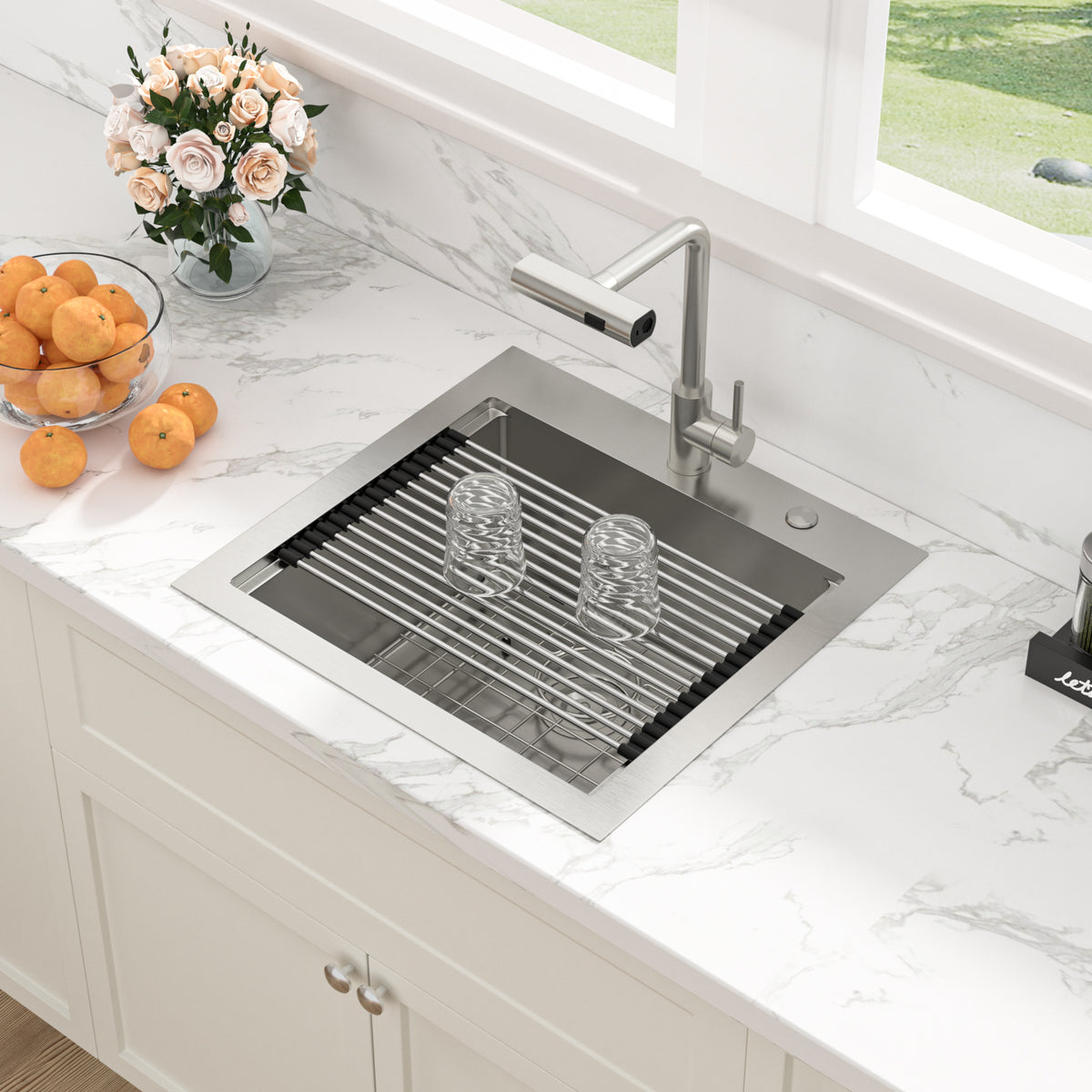 Sarlai 21''Drop In Workstation Bar Sink 16 Gauge SUS304 Stainless Steel Topmount Prep Sink with Pull Out Faucet & Full Accessories