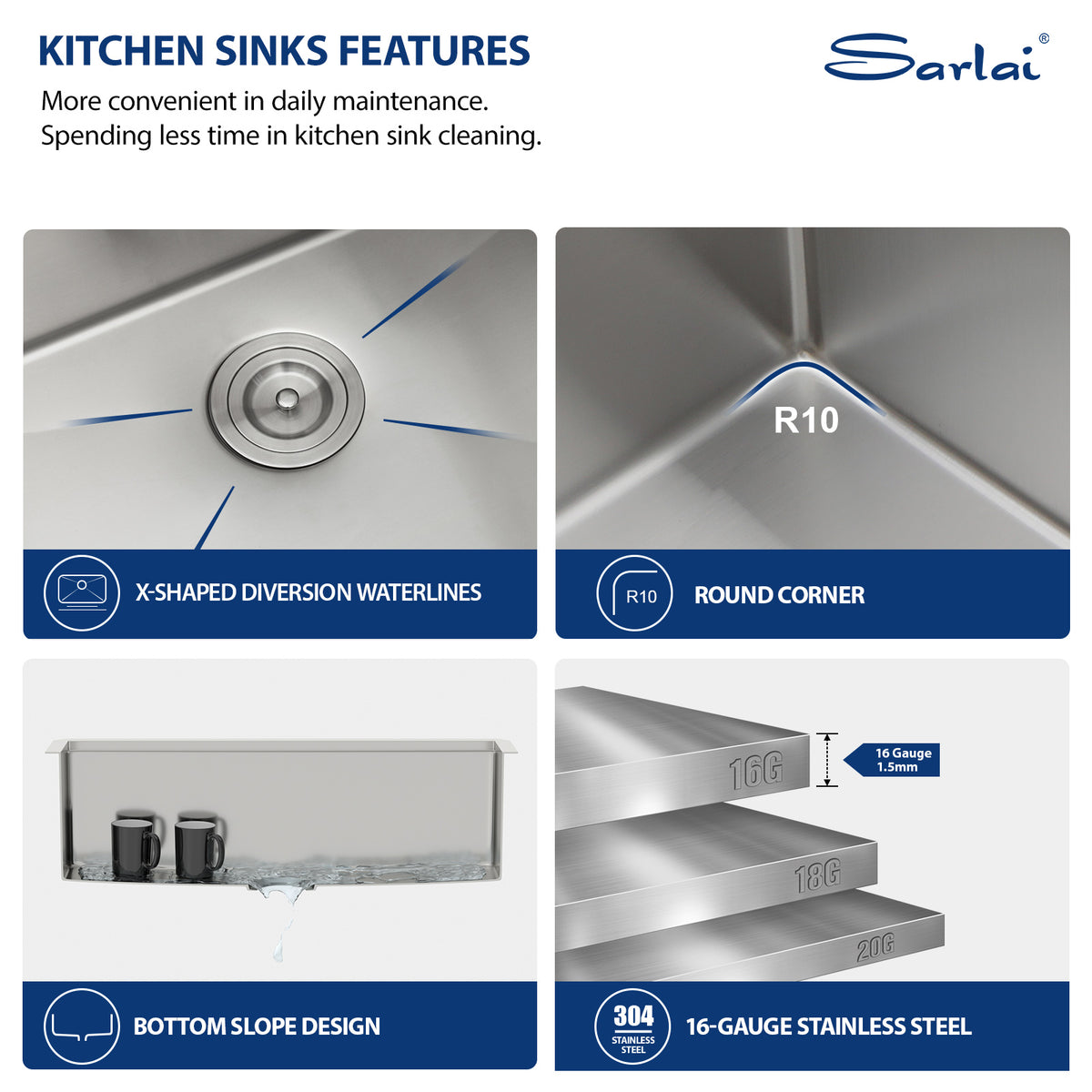 Sarlai 33 Inch Undermount Workstation Kitchen Sink 16 Gauge T304 Stainless Steel Single Bowl Sink