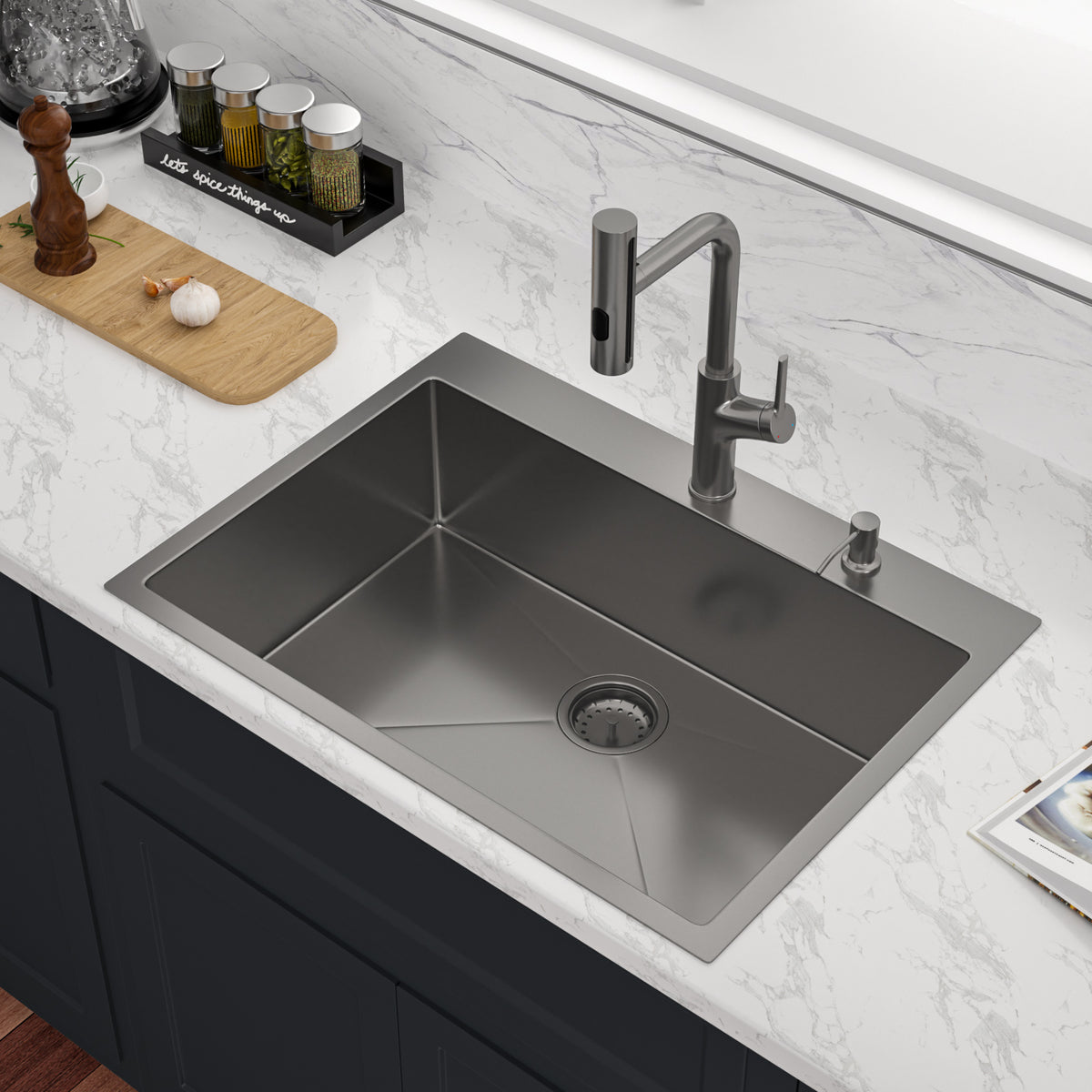 Sarlai 30''x22''Drop In Workstation Kitchen Sink 16 Gauge SUS304 Stainless Steel Single Bowl Topmount Sink with Pull Out Faucet & Soap Dispenser