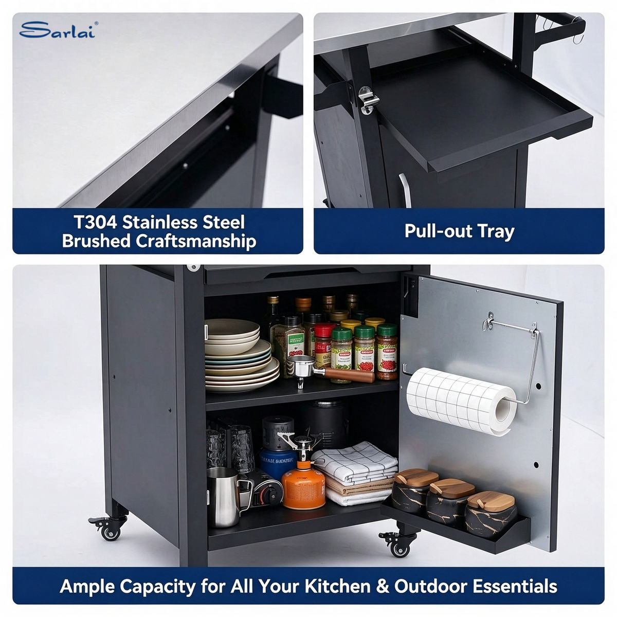 Sarlai Outdoor Prep Cart with Stainless Steel Top & Sliding Tray, Compact Single Door Grill Cart with Side Racks & Waterproof Cover