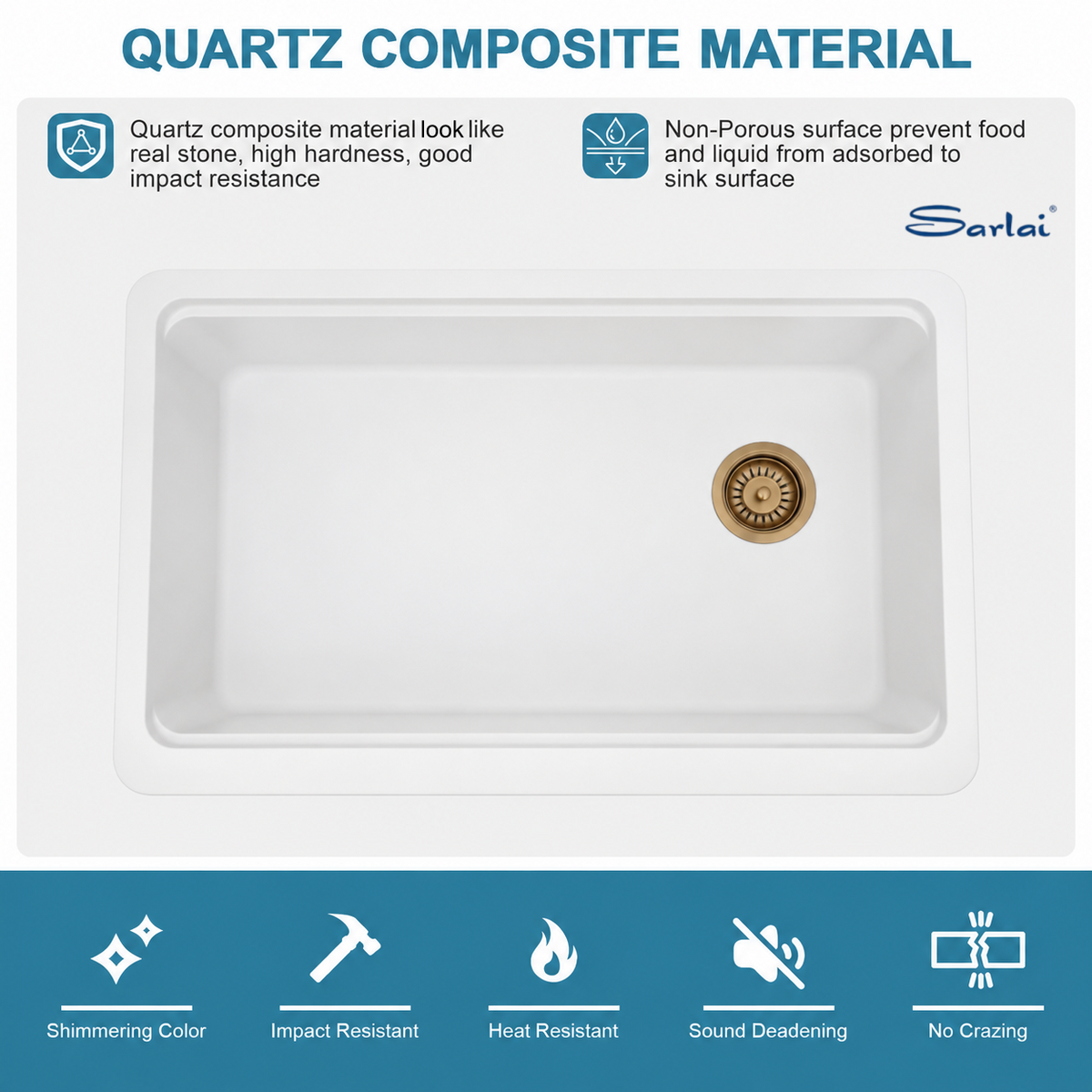 Sarlai 33" Quartz Composite Apron Front Workstation Kitchen Sink, Single Bowl Farmhouse Sink with Gold Drain, Roll-Up Rack & Cutting Board