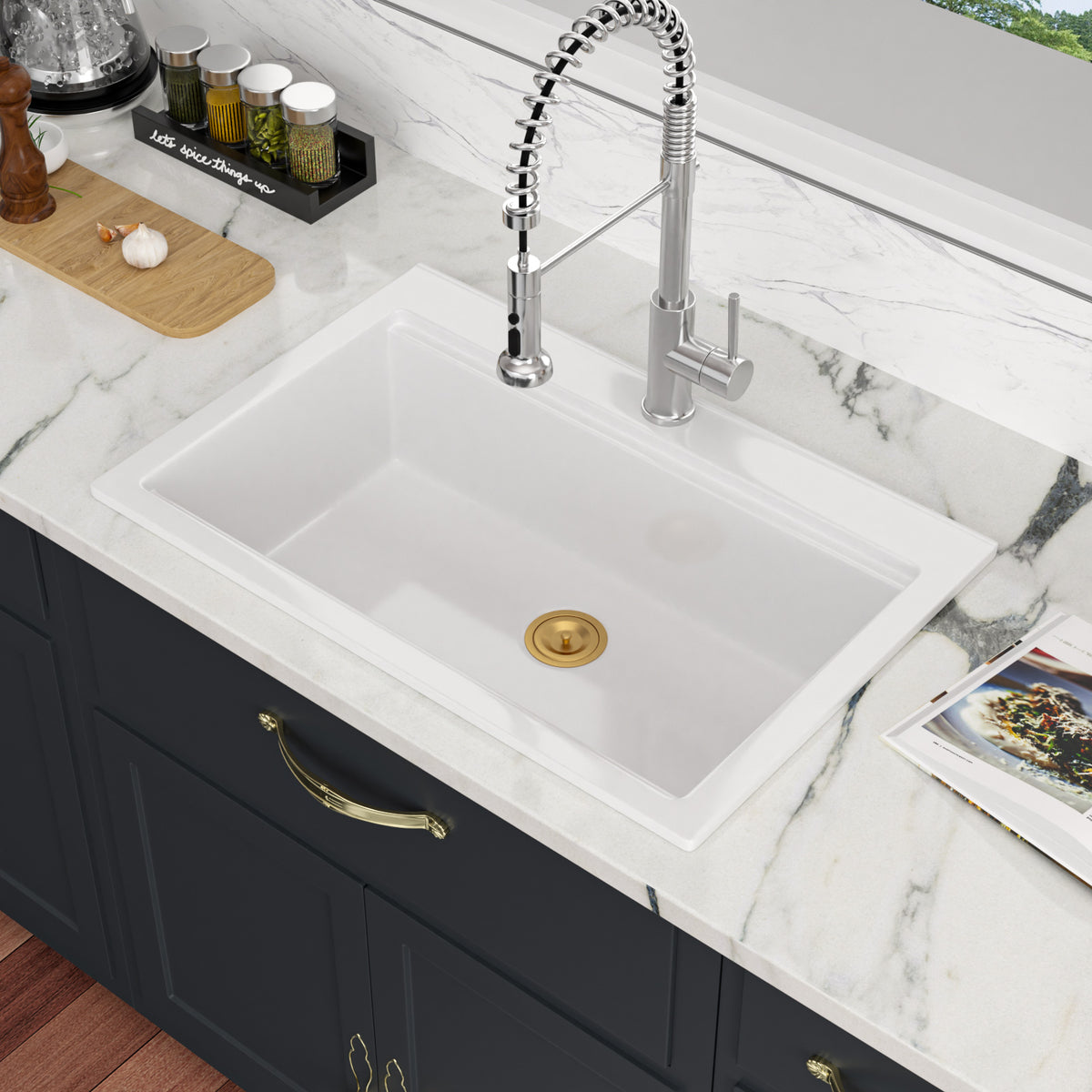 Sarlai 33''x22'' White Ceramic Topmount Workstation Sink With Gold Accessories & Wood Cutting Board